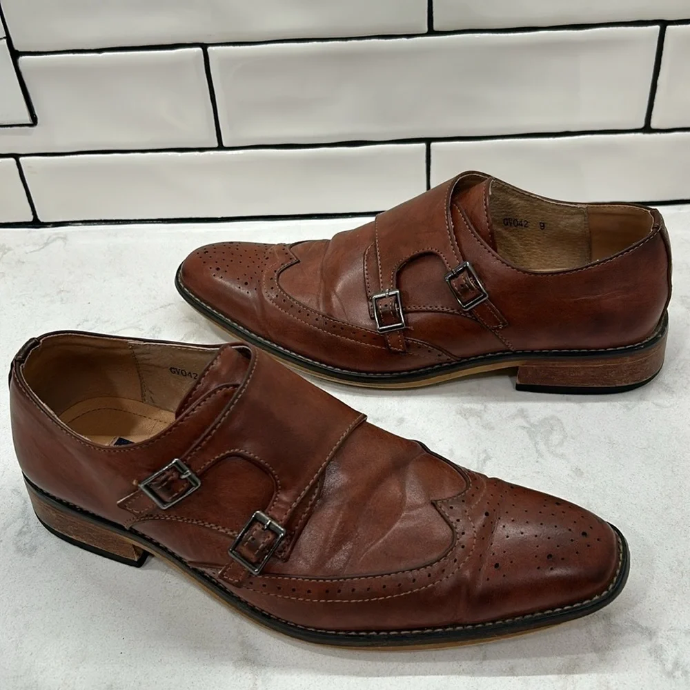 Gino Vitale Brown Monk Strap Brogue Wingtip Leather Men's Dress Shoe 9